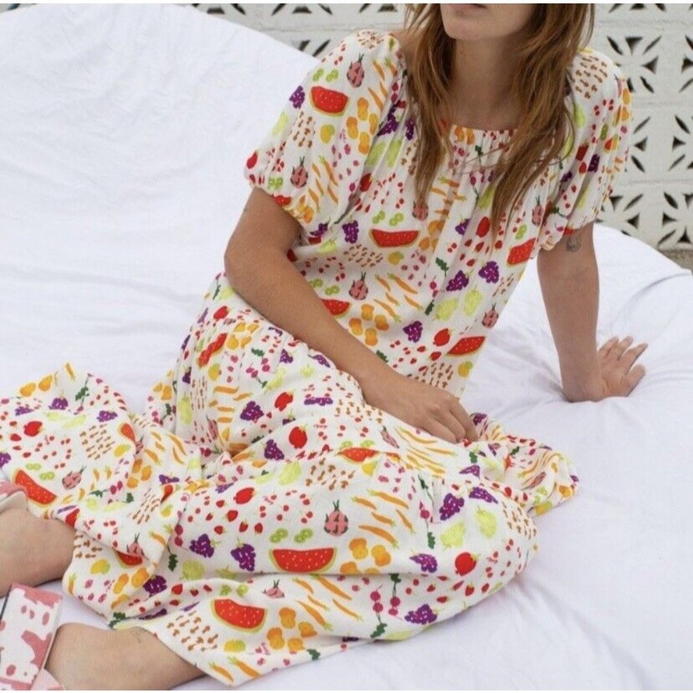 Lisa Says Gah Joni Farmers Market Fruit Food Print Maxi Dress Size Small